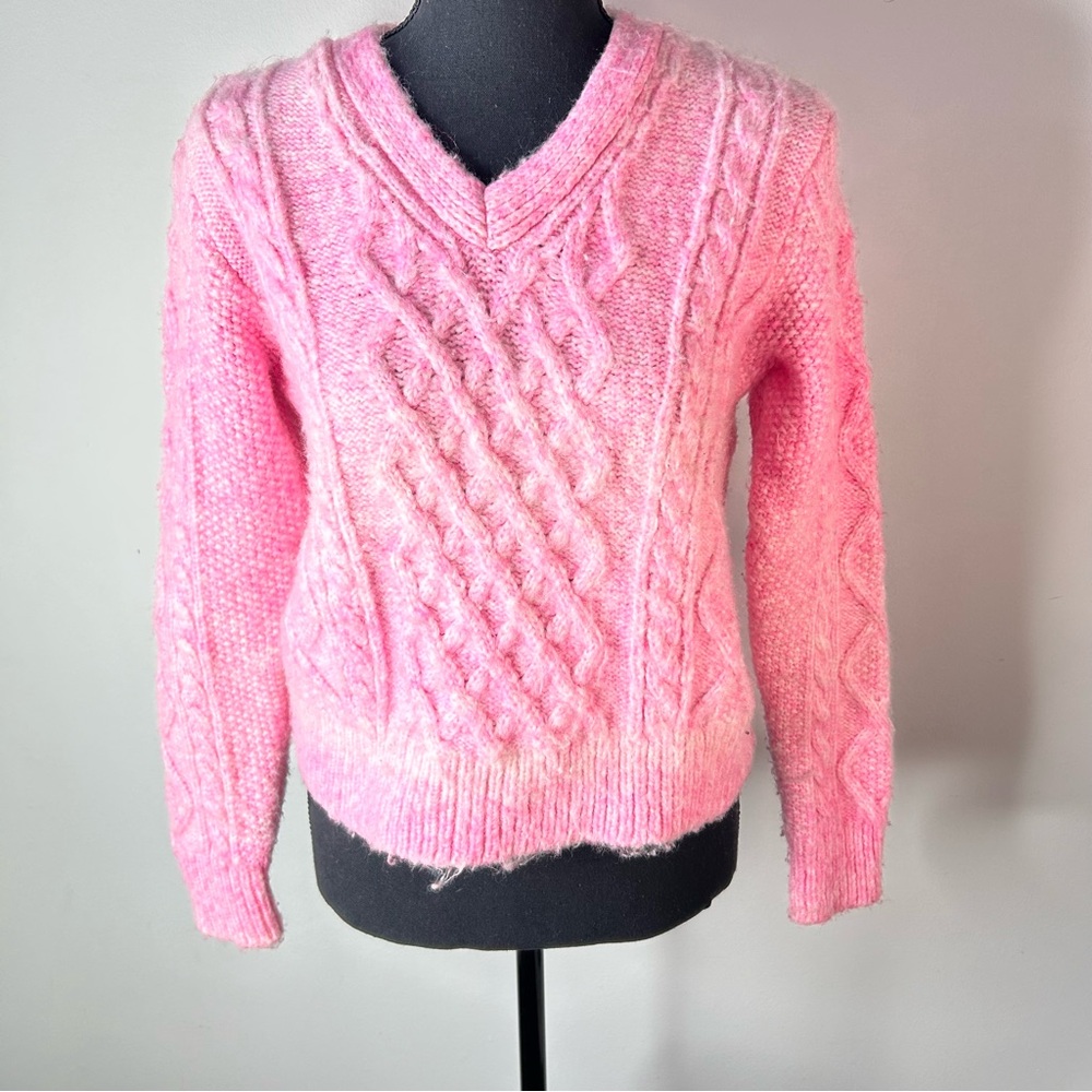 Mango Pink Cable Knit Cropped V-neck Sweater Size M